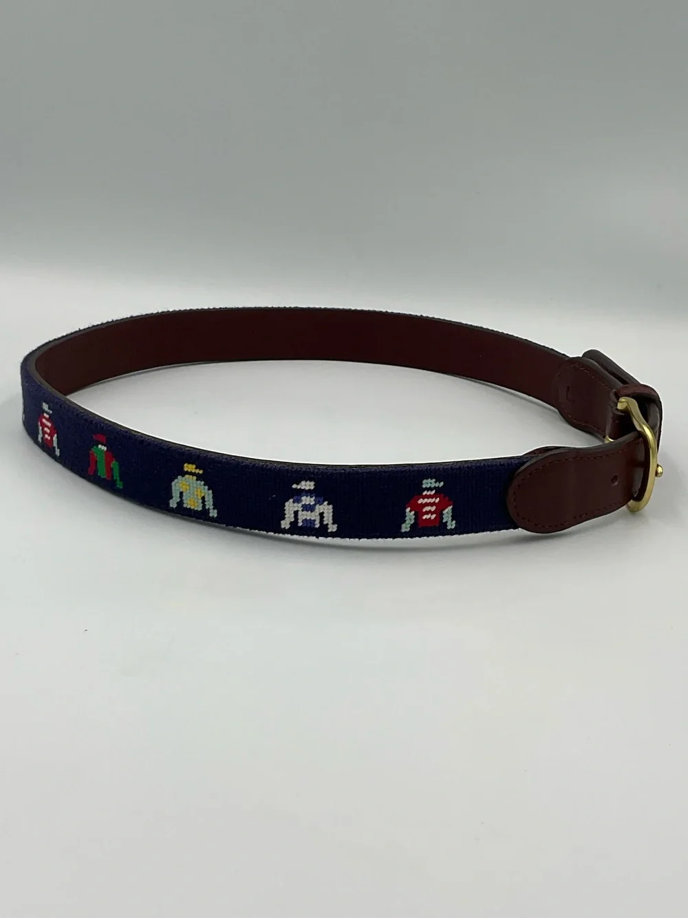 Boy’s Tucker Blair Jockey Silk Hand Stitched Needlepoint Leather Belt Size Large